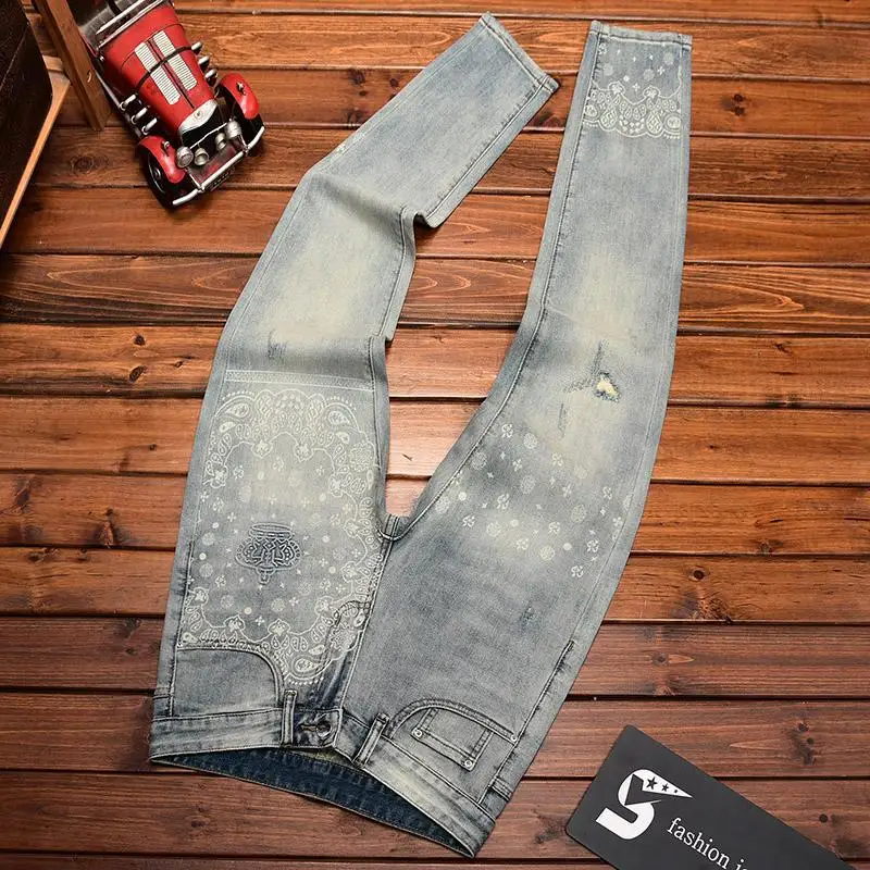 High end design, light luxury printed jeans, men's fashion trend, small foot stretch, slim fit, summer thin denim pants