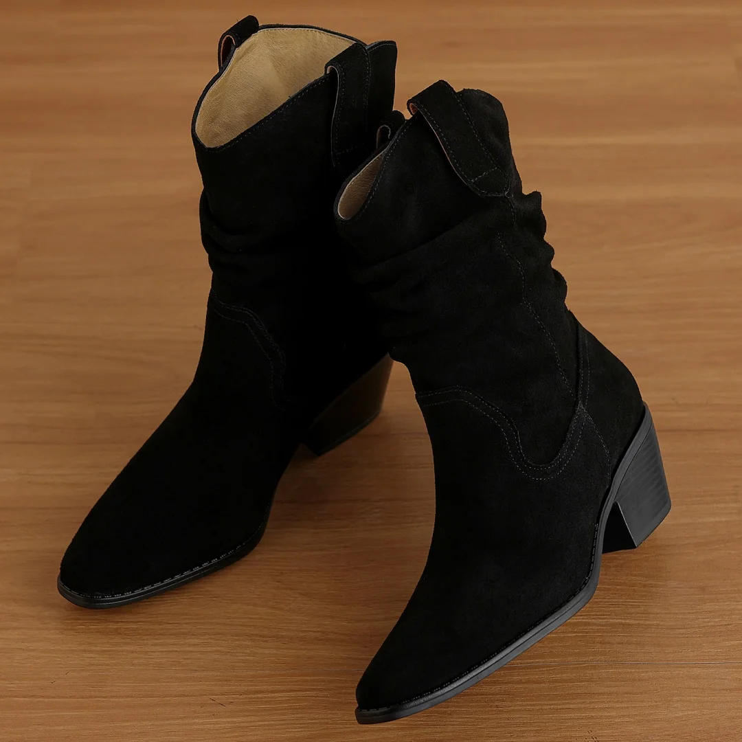 

Women's natural suede leather square toe pleated side zip autumn ankle boots 5.5cm thick med heel casual female western boots
