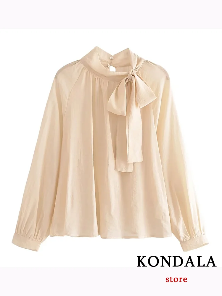 KONDALA Vintage Chic Solid Women Blouse Bow Long Sleeve Loose Shirts New Fashion 2023 Autumn Holiday Casual Elegant Blouse