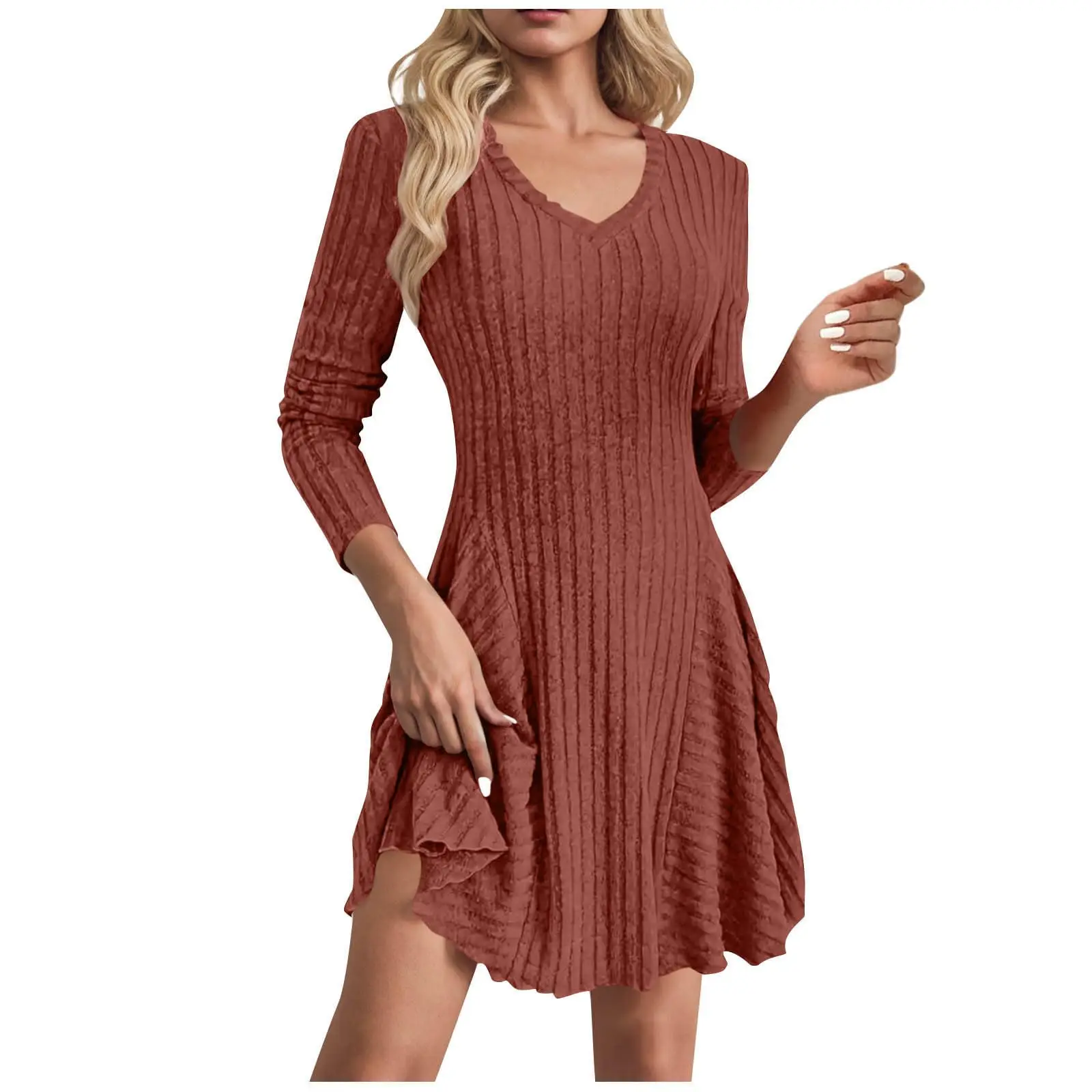 Otoño/Invierno Sexy ceñido al cuerpo suéter Casual vestido de Color sólido de las mujeres Slim Fit con cuello en V de manga larga vestido de punto vestidos para mujer