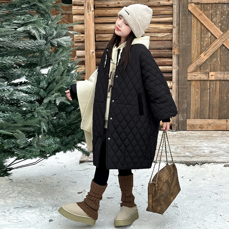 2025 AW جديد البند 4-14Y الفتيات معطف مبطّن اليابان الكورية موضة سميكة طويلة أسفل سترة المتضخم الشتاء معطف دافئ للأطفال