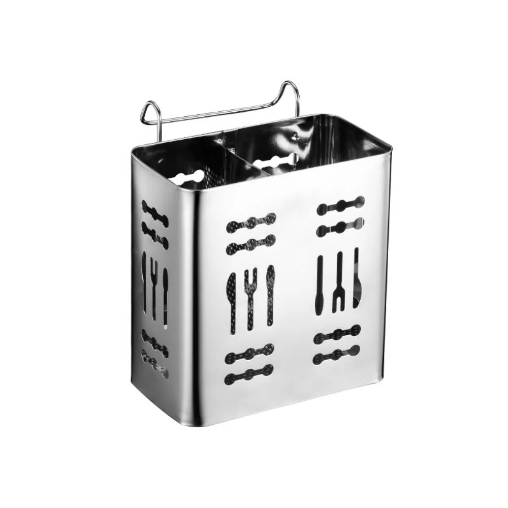 

2 Divided Compartments Stainless Steel Chopsticks Rack Wall Mounted Space Saving Cutlery Drying Rack with Hook Rust-proof