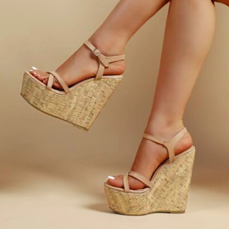 

Fashion Peep Toe Wedge Sandals Beige Leather PU Ankle Strap Wooden Platform Heels Summer Casual Shoes Drop Shipping