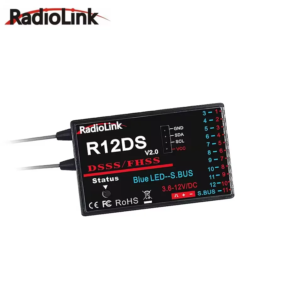RadioLink R12DS RC Receiver 12CH 4000m Control Distance Real-time Telemetry with Transmitter AT9/AT9S/AT9S Pro for RC Module