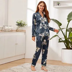 Autumn Pajama Women Silk Satin Pajamas Set Long Sleeve Tops and Trouser Two Piece Set Sleepwear Loungewear Button Down Pijama Pj