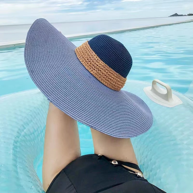 Female Summer Big Brim Splicing Color Straw Hat Fashion Sun Protection Beach Sun Hat Foldable Spring Outing Basin Cap Wholesale