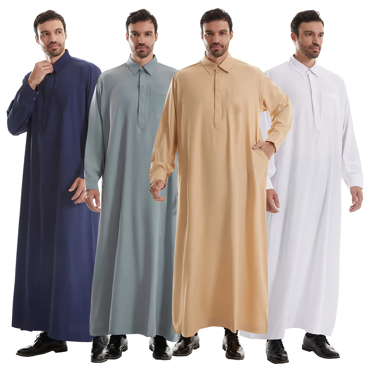Uomo Jubba Thobe Abito camicia lunga da uomo Eid Musulmano 2025 Ramadan Abito con risvolto Saudi Musulman Wear Abaya Caftano Dubai Abito arabo