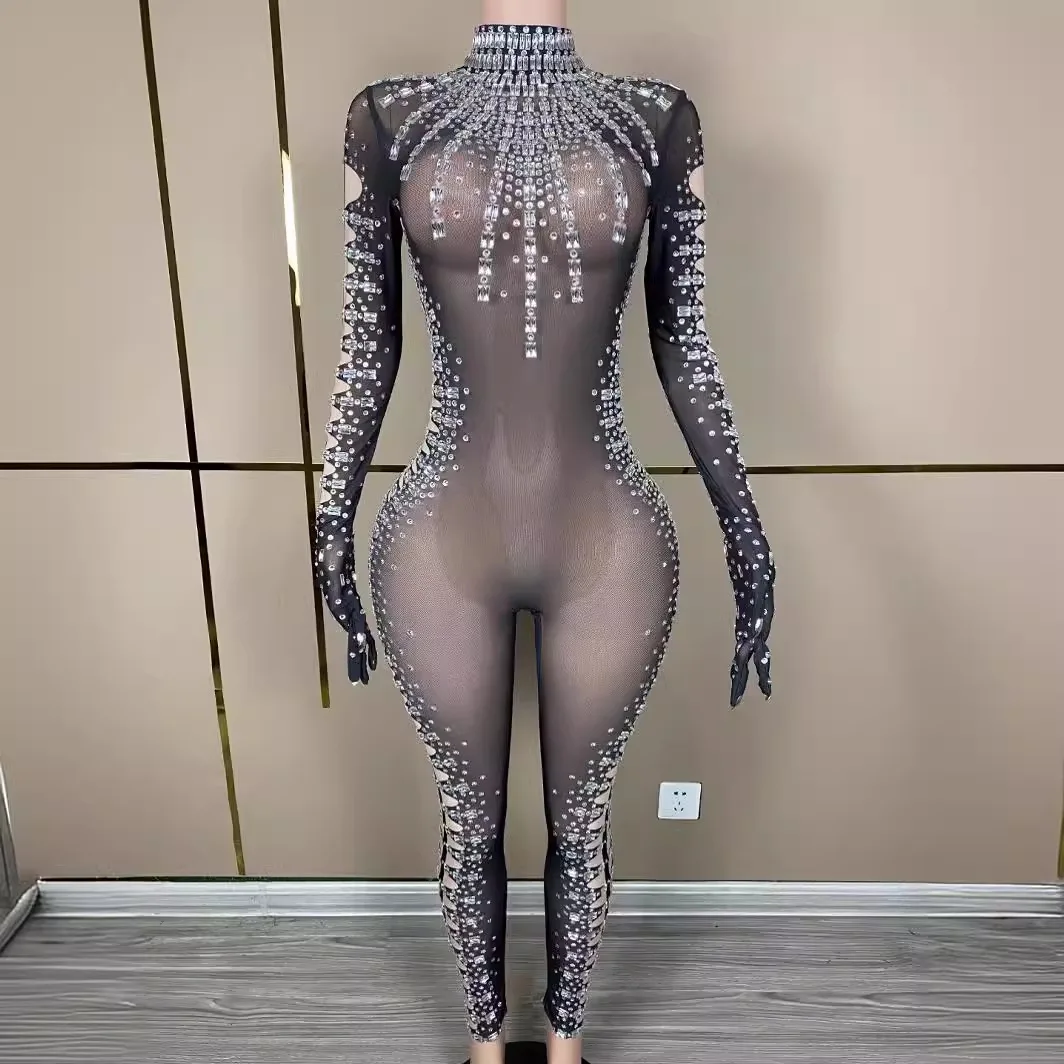 Sexy Black Transparent Mesh Sparkling Stage Performances Costumes Diamond Women Jumpsuit