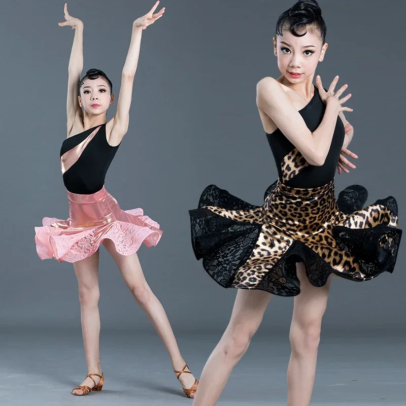 

Girls Rumba Samba Latin Dance Dress Girls Ballroom Salsa Tango Kids Child Lace Leopard Latin Dance Split Dress Leotard Skirt