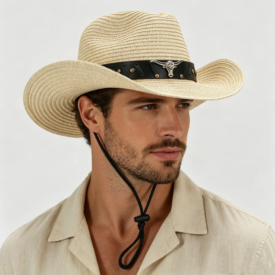 Summer Breathable Woven Panama Straw Hat with Wide Brim, Uv Protection, Adjustable Windproof Strap Design, Suitable for Beach Vacations/Prairie Trips/Outdoor Camping/Daily Outings