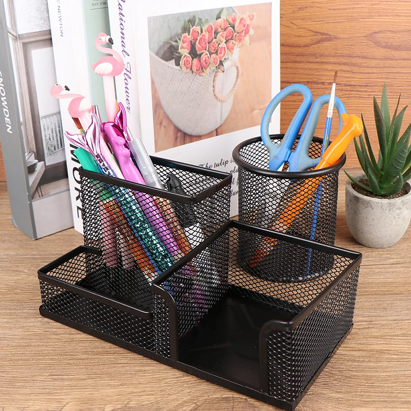 Hollow Out Round Pencil Storage Rack, 3 Grid Metal Pen Holder, Organizador de papelaria, Preto, Escritório da escola, Criativo