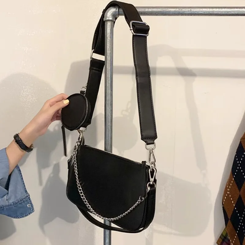 Korean Fashion PU Chain Black Wide Shoulder Strap Crossbody Bag with Mini Key Coin Purse Bag Women Trendy All-match Y2K Handbags