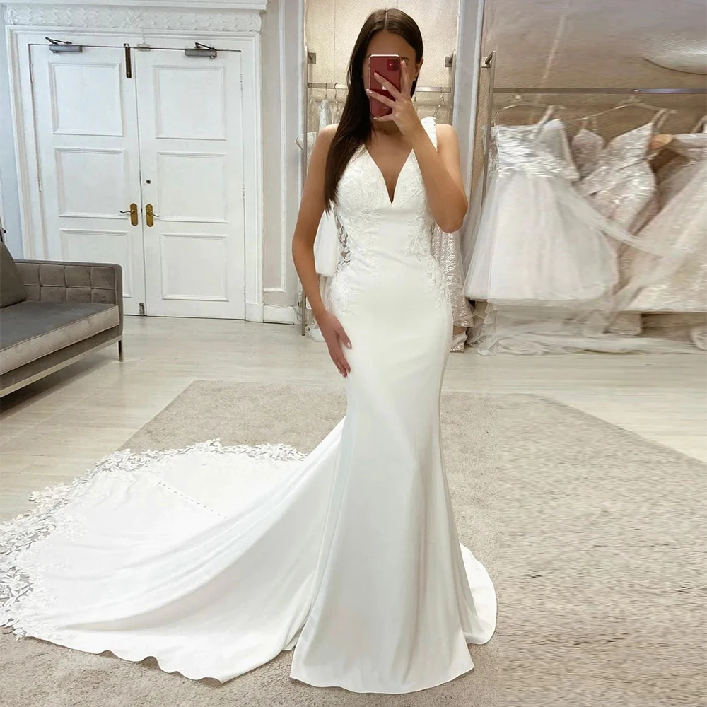 

Luxurious Sexy Sleeveless Off The Shoulder Soft Satin Mermaid Deep V-neck Wedding Dresses For Women Beautiful Pretty Bride Gown