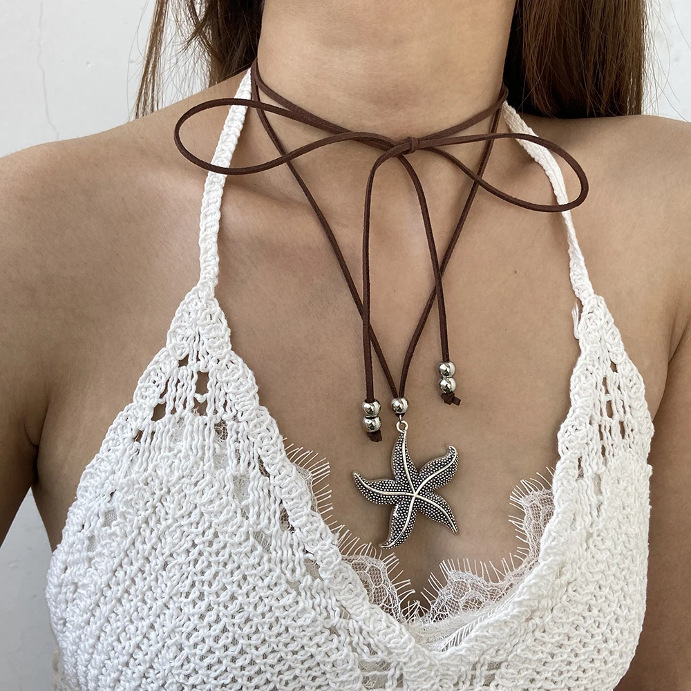 Trendy Boho Big Starfish Pendant Sweater Chain Leather Necklace for Women Beach Bohemia Necklace Party Jewelry Gift