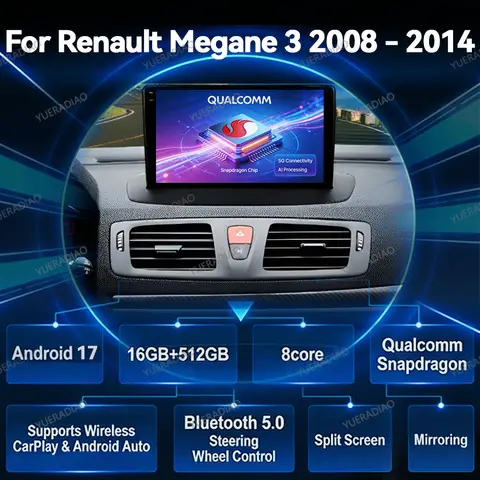 Android 17 Car Radio For Renault Megane 3 Fluence Samsung SM3 2008 - 2014 Multimedia Video Player Qualcomm GPS NAVI BT 2DIN QLED