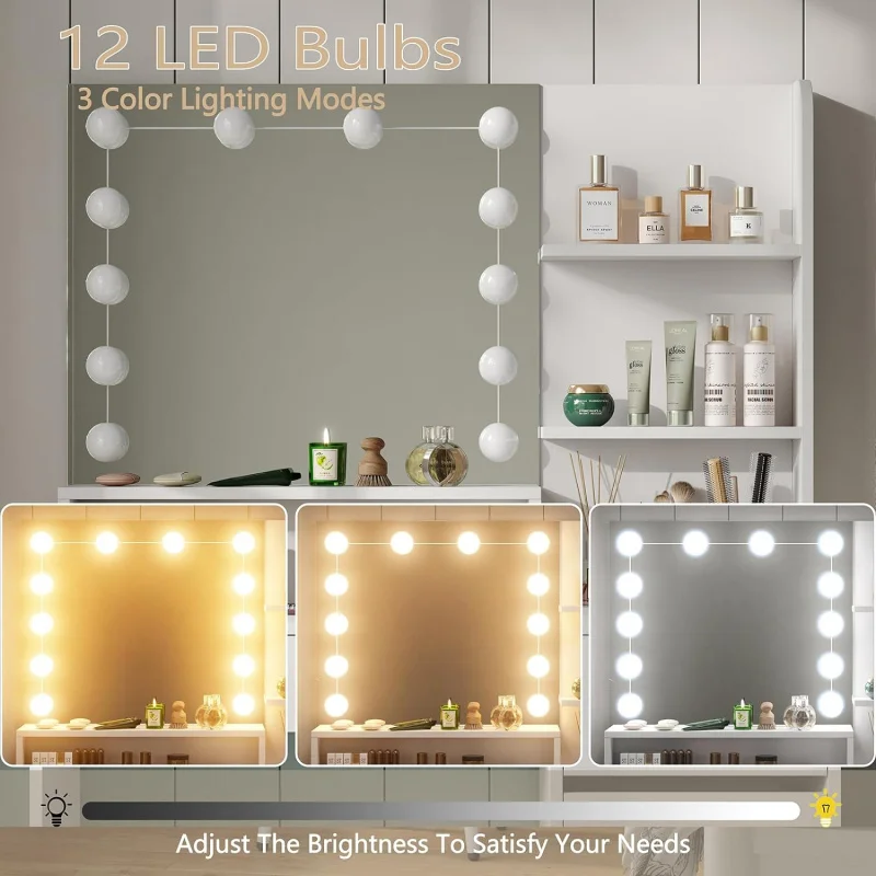 Furniouse 37" W Desk, Mirror Lights And Table With 5 Drawers, Vanity Set 3 Lighting Modes Brightness Adju