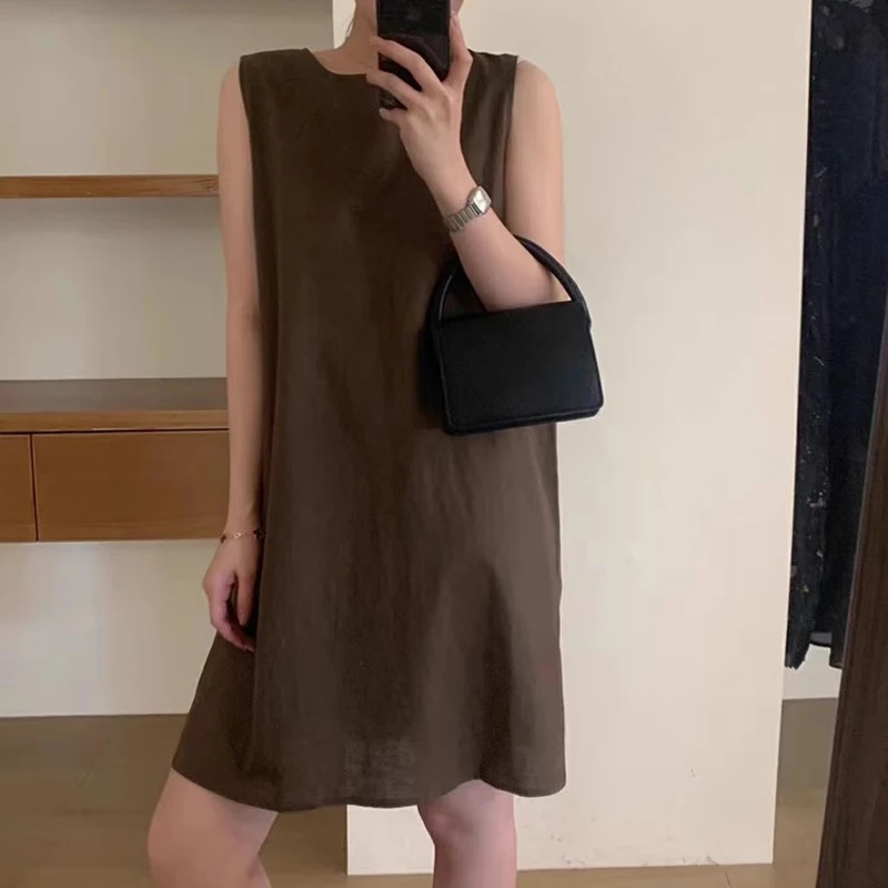 Korean Fashion Sexy Hollow Sleeveless Simple Casual Dresses for Women 2024 Summer Vacation Solid O Neck Loose Beach Mini Dress