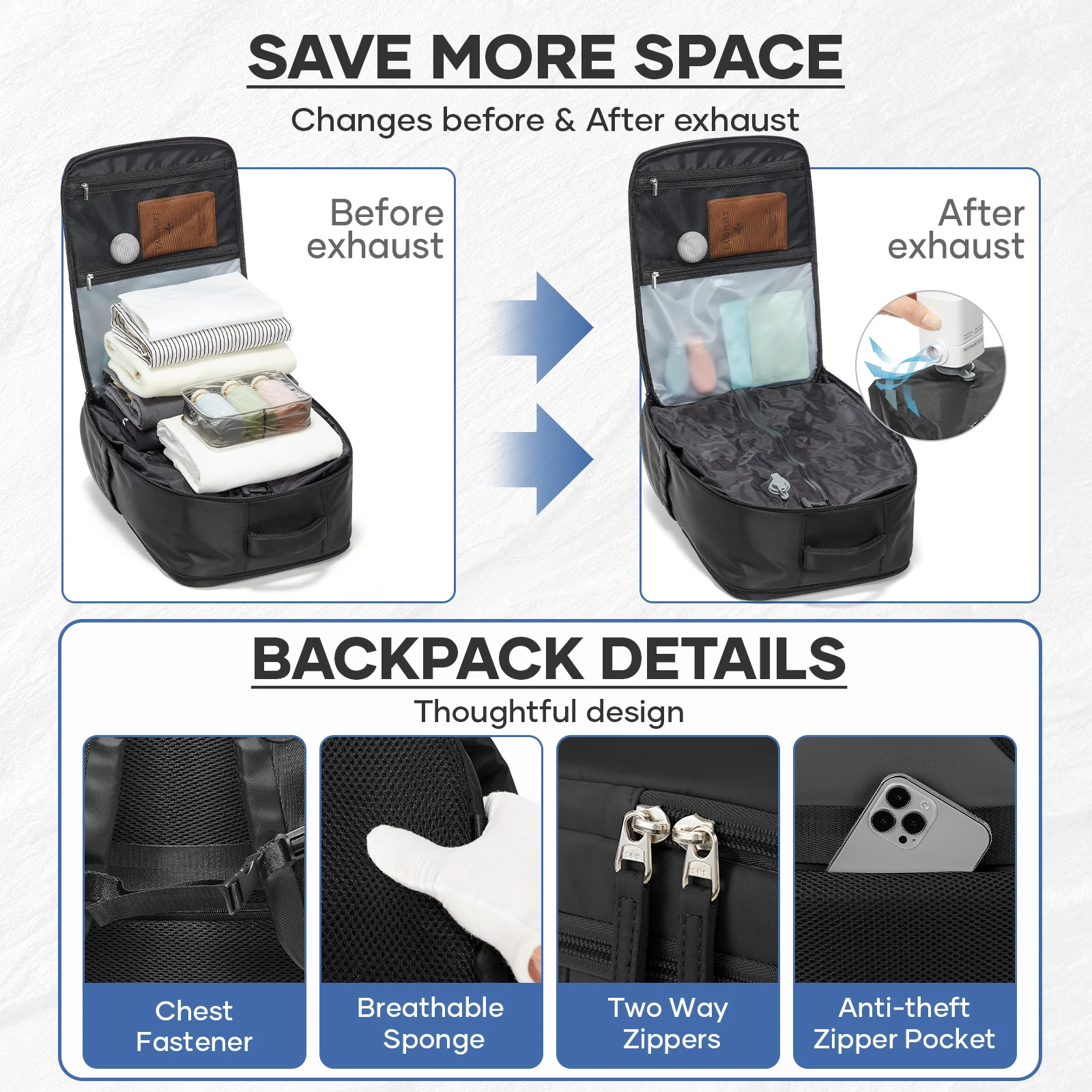 Vacuum Backpack Ryanair 40x30x20, Hand Luggage Travel Backpack Carry-Ons Cabin Bag, Men Women Laptop Backpack, 50x35x21 Backpack