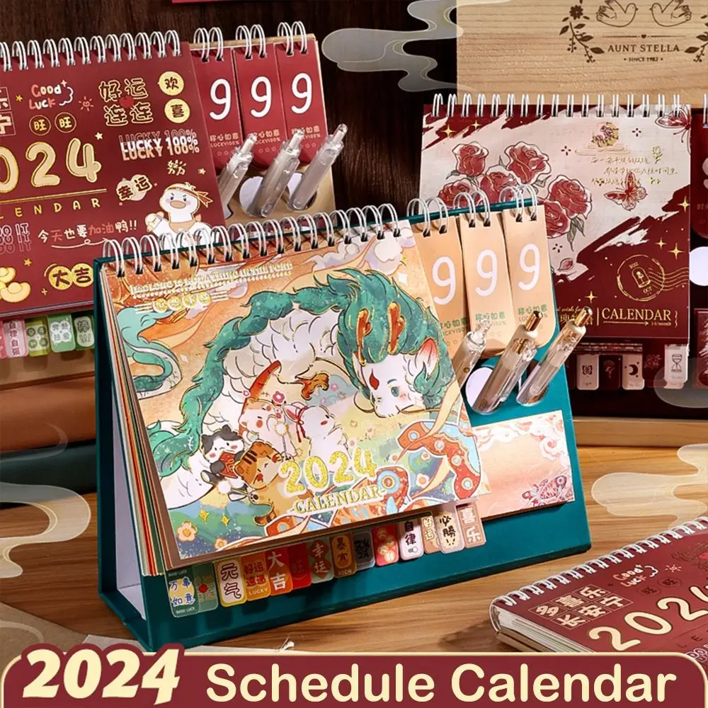 

2024 New Year Desktop Calendar Dragon Year Exquisite Standing Flip Calendar Students Month Table Decor Portable Schedule Planner