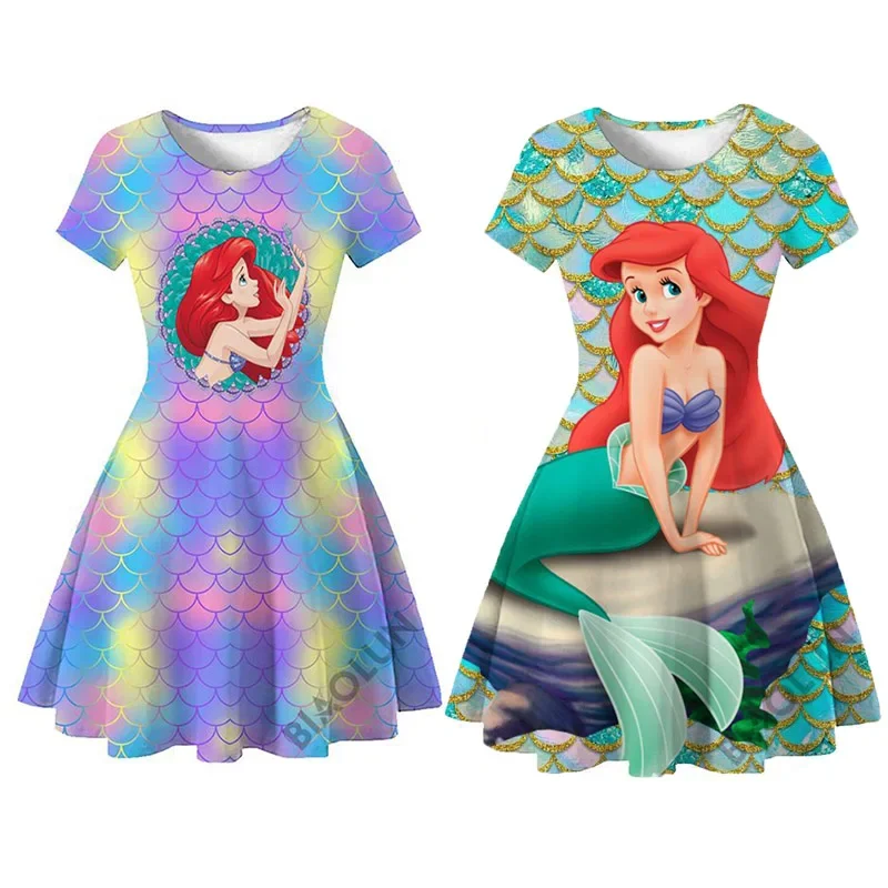 Vestido de princesa pequena sereia para meninas, verão, manga curta, estampa 3d, ariel, fantasia cosplay, crianças, carnaval, festa de aniversário, roupas