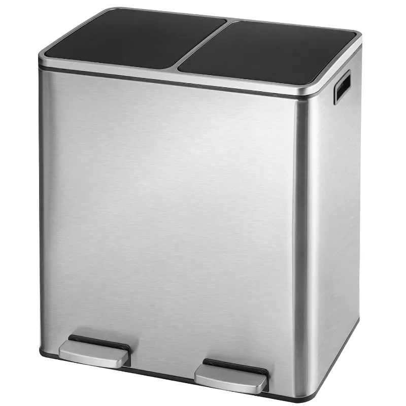 Arlopu 16 GallonStainless Steel Trash Can, 60L Dual Compartment, Metal Kitchen Step Recycle Bin, Metal Double Dustbin