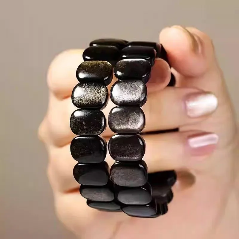 Natural Silver Gold Obsidian Two‑Loop Bracelet Vivid Cat‑Eye Effect Double‑Layer Spliced Beaded Bracelet Gemstone Jewelry Gift