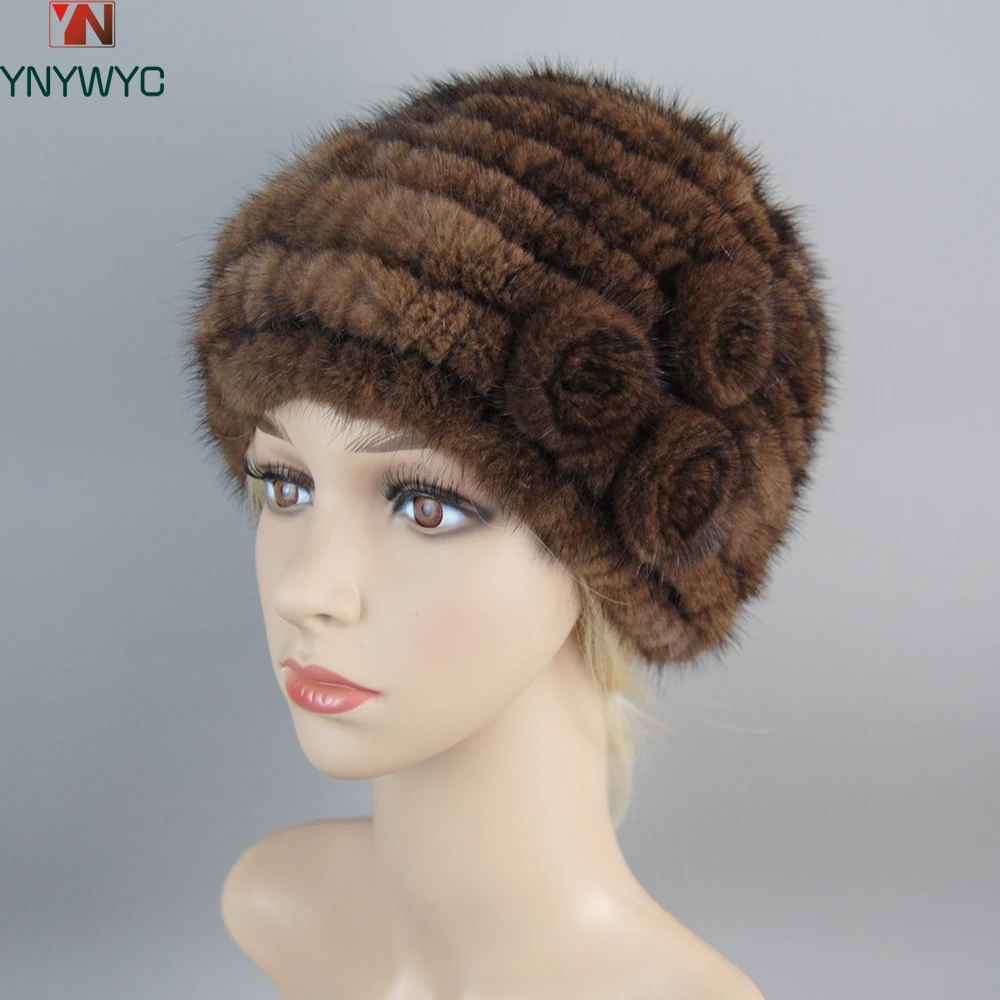 

2025 Fashion Luxury 100% Natural Mink Fur Hat Knitted Ladies Flawers Real Mink Fur Hats Women Winter Warm Genuine Mink Fur Caps