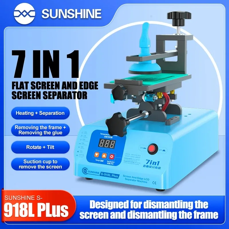 SUNSHINE S-918L Plus 7 في 1 فاصل شاشة منحني للإطار الأوسط 360 °   تسخين شاشة ذات حافة دوارة لإزالة منصة إصلاح LCD