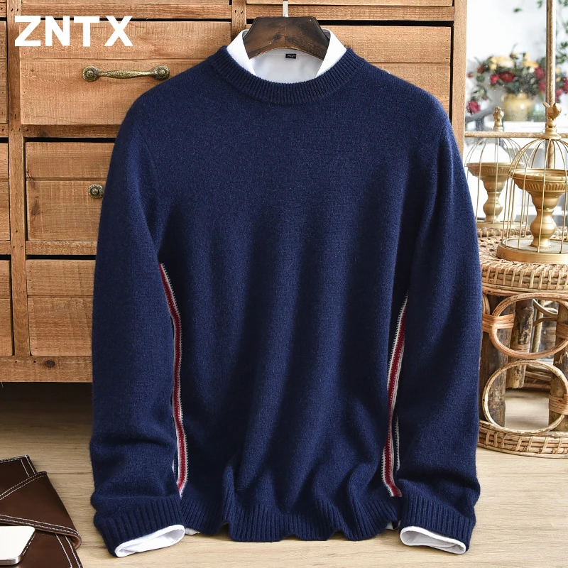 ZNTX Men's pure cashmere sweater round neck winter thick contrasting striped casual knitted sweater youth vitality campus style