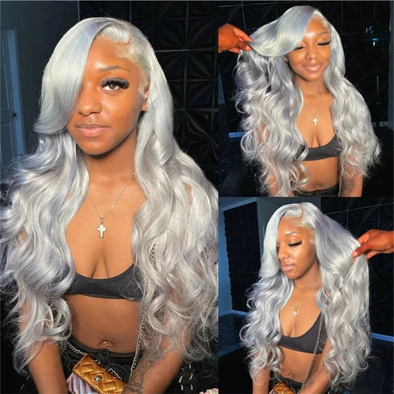 Silver Gray Body Wave Lace Front Wigs For Women Grey Human Hair Wigs Raw Brazilian 13x6 Transparent Lace Frontal Wig Mint Green 27# Honey Blonde 613 Blonde Colored Prepluck 30 40Inch view 4