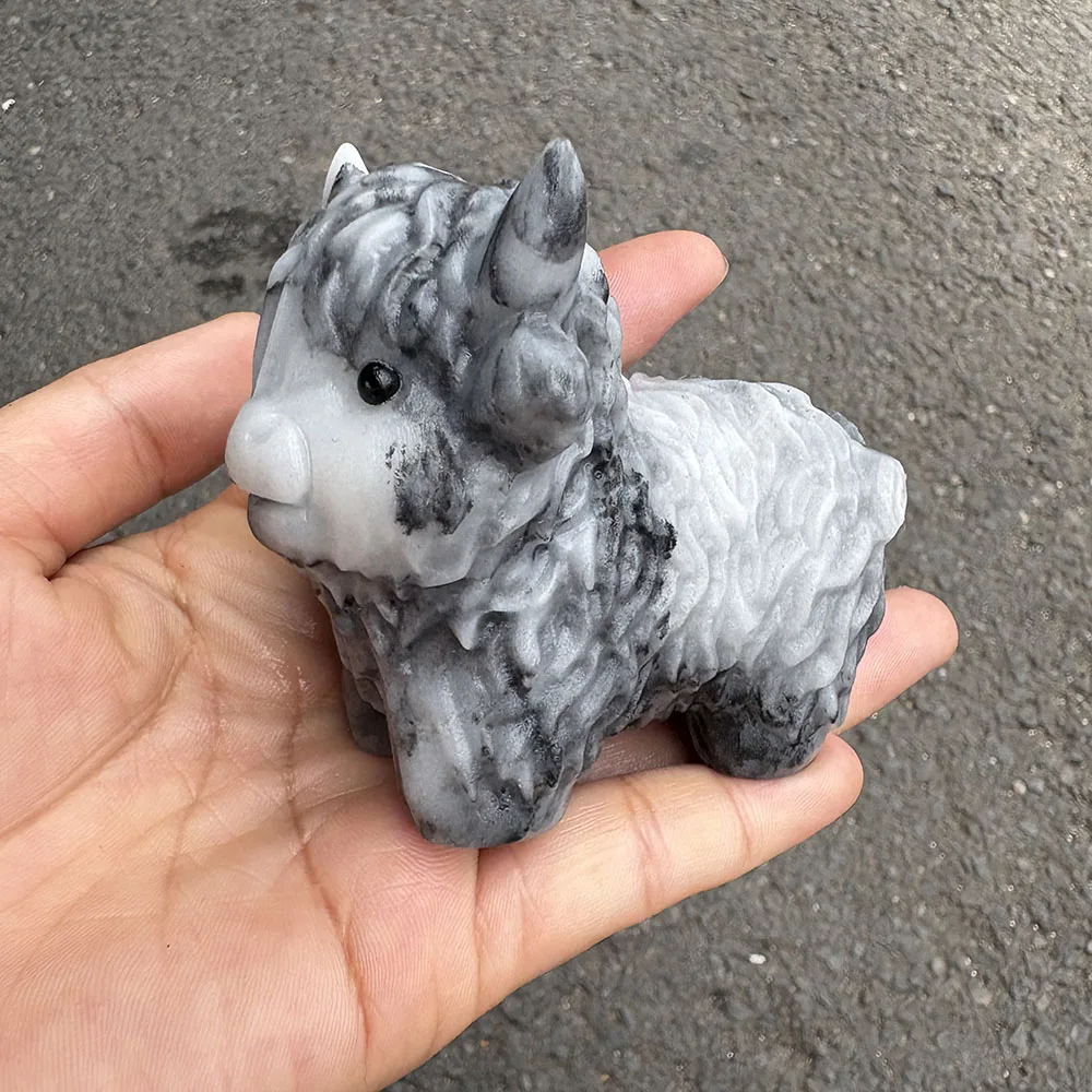 Custom Black Network Jasper Highland Cow Figurine - 8cm Crystal Farm Animal Statue with Inlaid Eyes for Collectible Decor