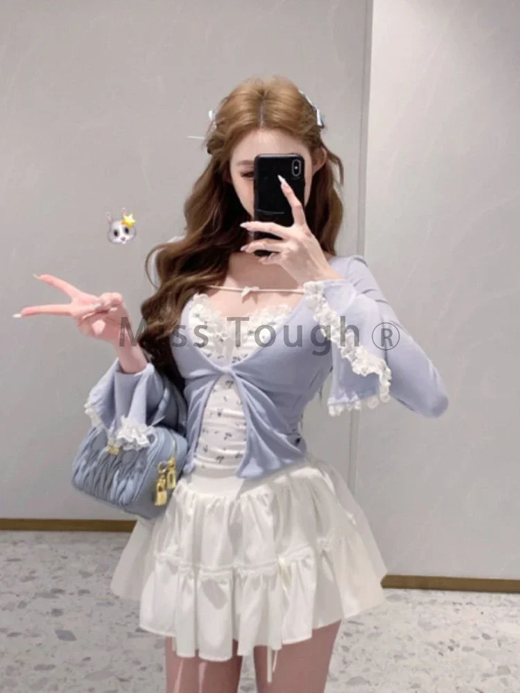 Korean Fashion Slim 2-piece Set Women Elegant Sweet Long Sleeve Print Lace Tops Female + Elastic Waist Thin Short Skirt Suit New