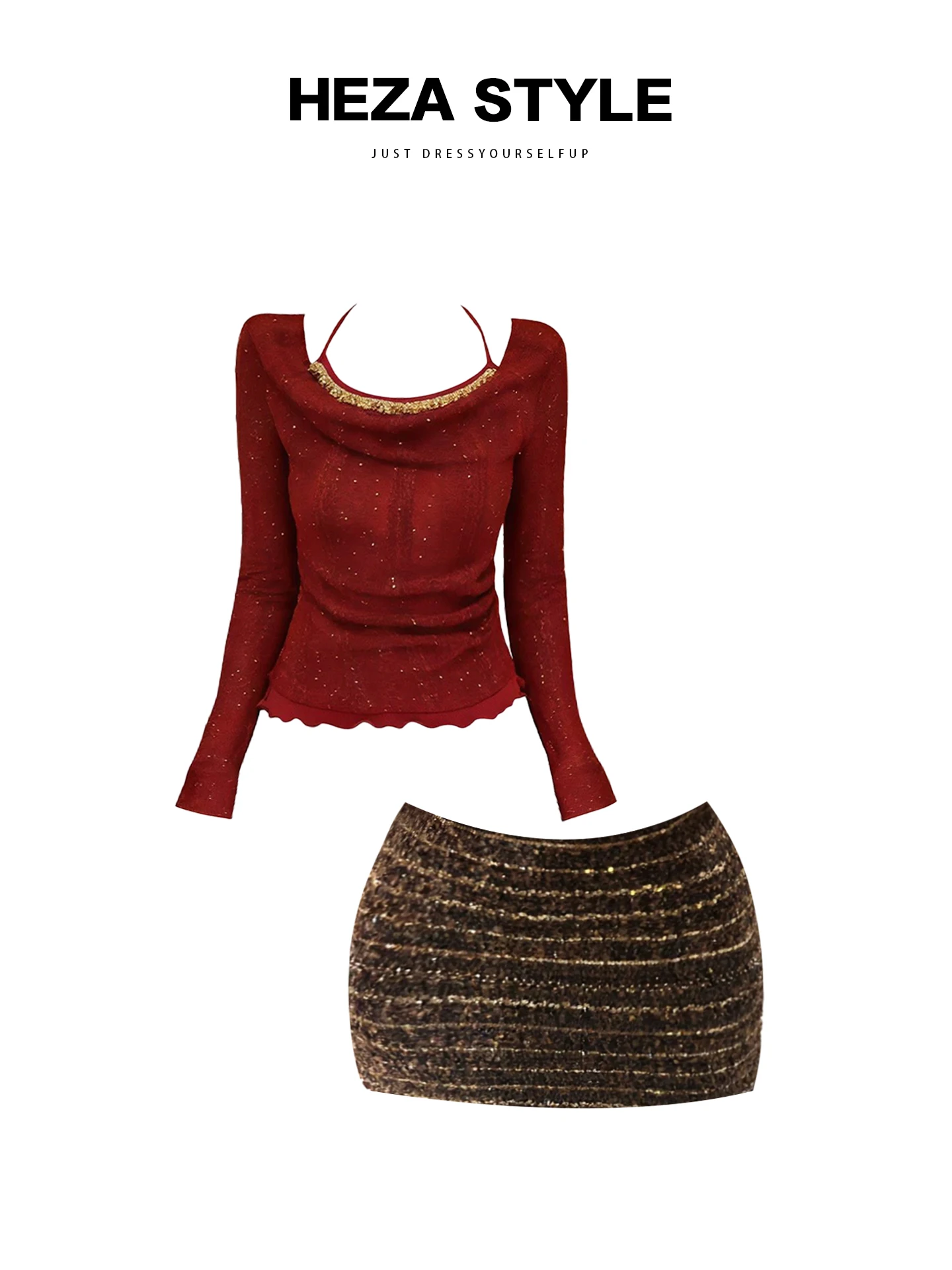 HEZA Cisas rode sprankelende diamanten damestop en afslankrok met hoge taille plus maat Faion Winter Outfit Combo