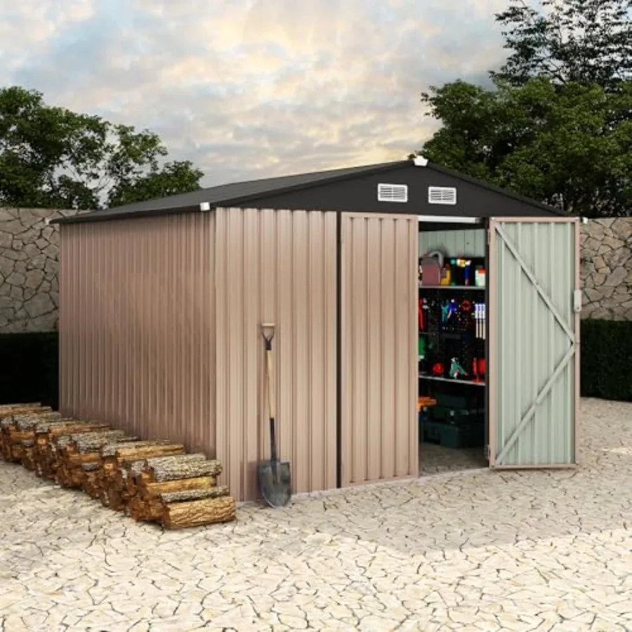 Outdoor storage shed for yard/garden use, galvanized steel construction, gray finish, lockable door and air vent for security a