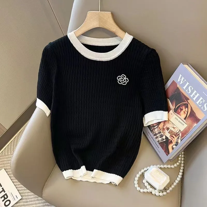 Sommer Gestrickte T-Shirt frauen Rundhals Kurzarm Lose Pullover Luxus Designer Rose Blume Gestickte Top frauen Kleidung