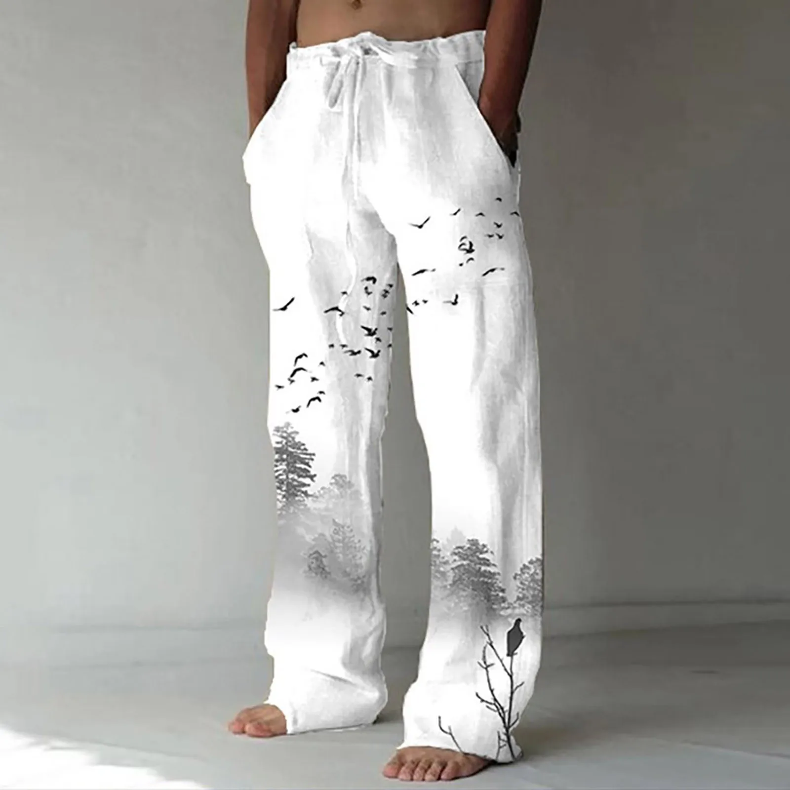 

2024 Men Casual Pants Loose And Comfortable Casual Pants Cotton Linen Printed Drawstring Trousers Cotton Linen Sweatshirt Pants