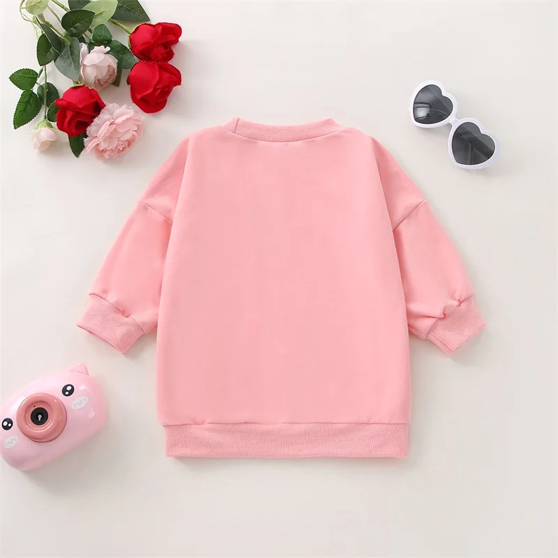 Toddler Girl Valentine’s Day Heart Print Long Sleeve Round Neck Pullover Sweatshirt Dress with Bow Detail