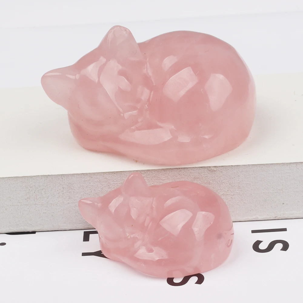 

Big Rose Quartz Sleeping Cat Decoration 2.2 Inch Crystal Carved Animal Mineral Healing Souvenir Big Size Zoo Theme