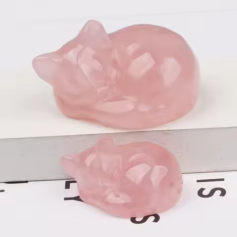 Big Rose Quartz Sleeping Cat Decoration 2.2 Inch Crystal Carved Animal Mineral Healing Souvenir Big Size Zoo Theme