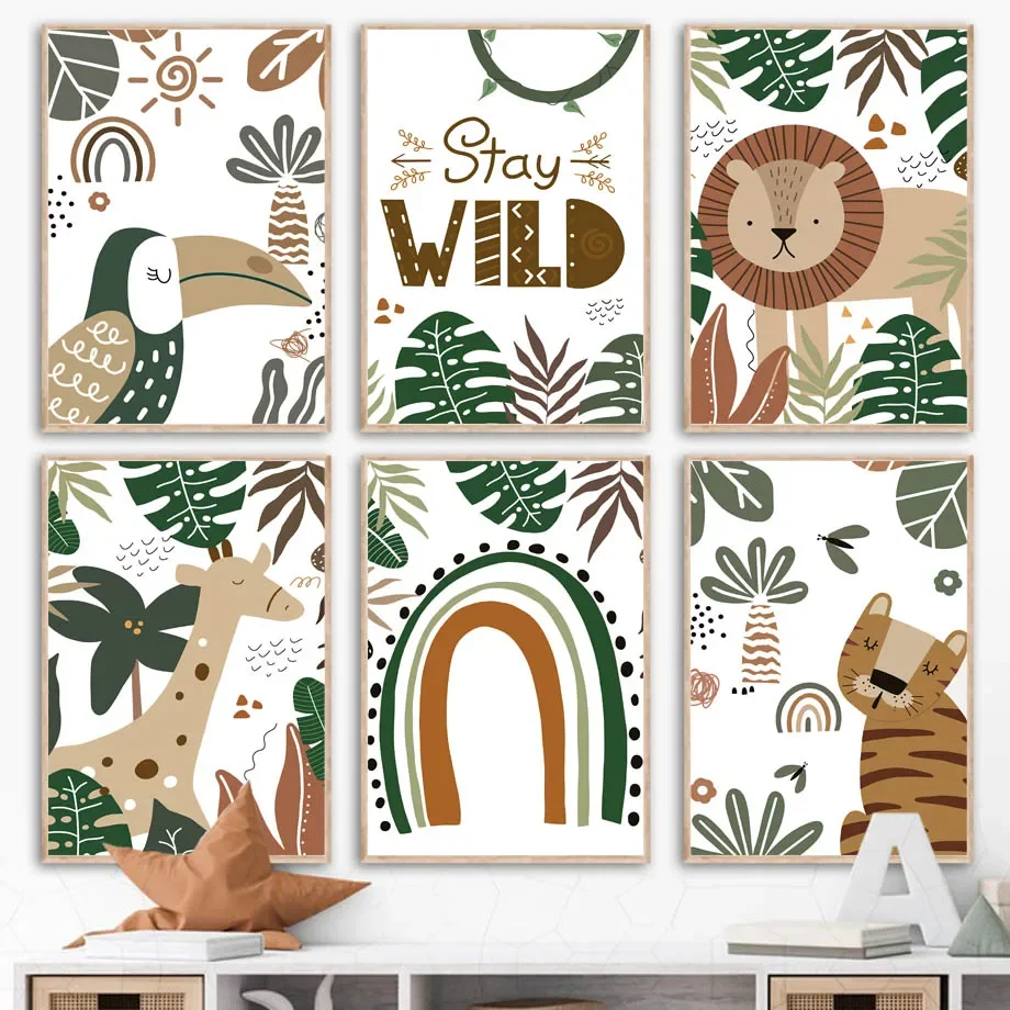 

Tiger Giraffe Lion Toucan Monstera Baby Wild Jungle Animals Nursery Art Canvas Wall Posters Prints Pictures Kids Room Decoration