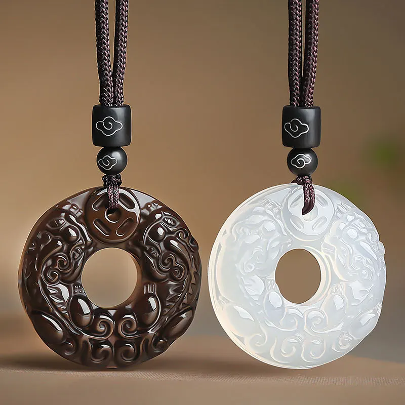 Agate Obsidian Double Pixiu Safety Buckle Circular Pendant for Men and Women Necklace Pendant for Fashionable Feng Shui Jewelry