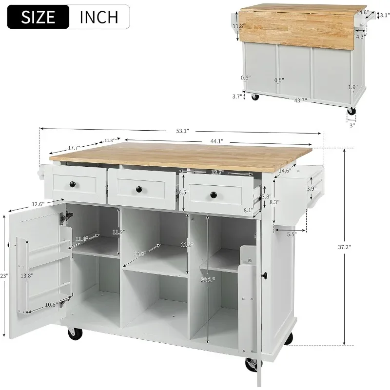 Rolling Kitchen Island on Wheels with Storage, Drop Leaf, 2 Doors with Internal Storage Racks,3 Drawers and Open Shelves,White