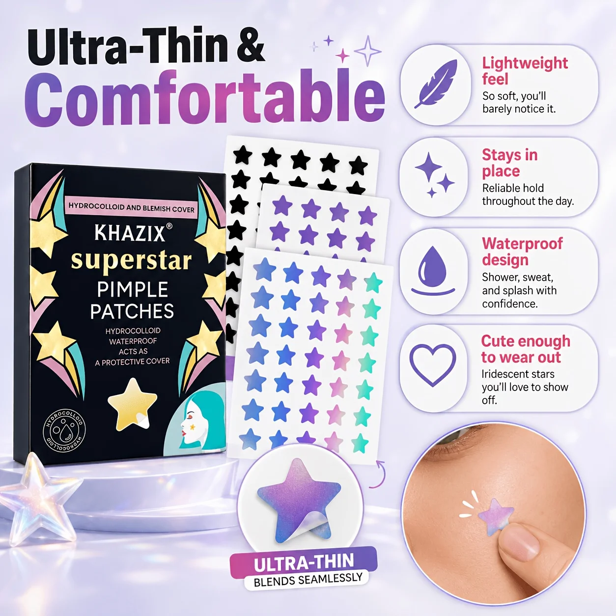 320/1920PCS Colorful stars Invisible Water Gel Acne Patch, providing a light, breathable and comfortable coverage