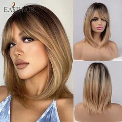 EASIHAIR Dark Brown Root Ombre Golden Synthetic Wig Natural Hair for Women Female Layered Wig with Said Bangs Heat Resistant Wig