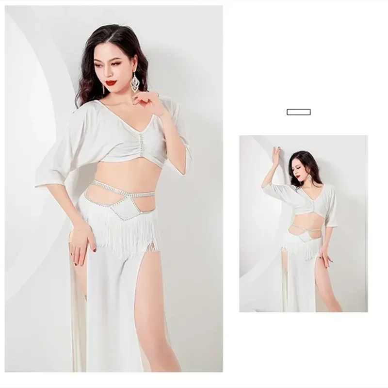 Sexy Bellydance Costume 2 Piece Set Women Oriental Dance Outfit Short Sleeve Loose Top Side Split Skirt Tassel Fringe Wave White