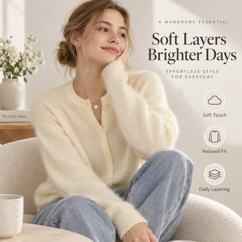 Women's Wool Cashmere Silk Blend Cardigan Soft Brushed Knit Sweater Round Neck Button Up Long Sleeve Autumn Winter Top