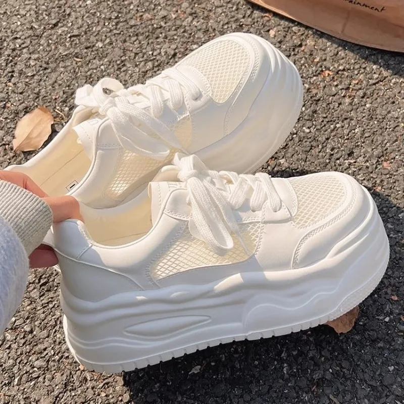 Women's White Chunky Vulcanized Sneakers Round Toe Lace-Up Platform Mesh Shoes Fashion Women Casual Tennis Sports Shoes Zapatos