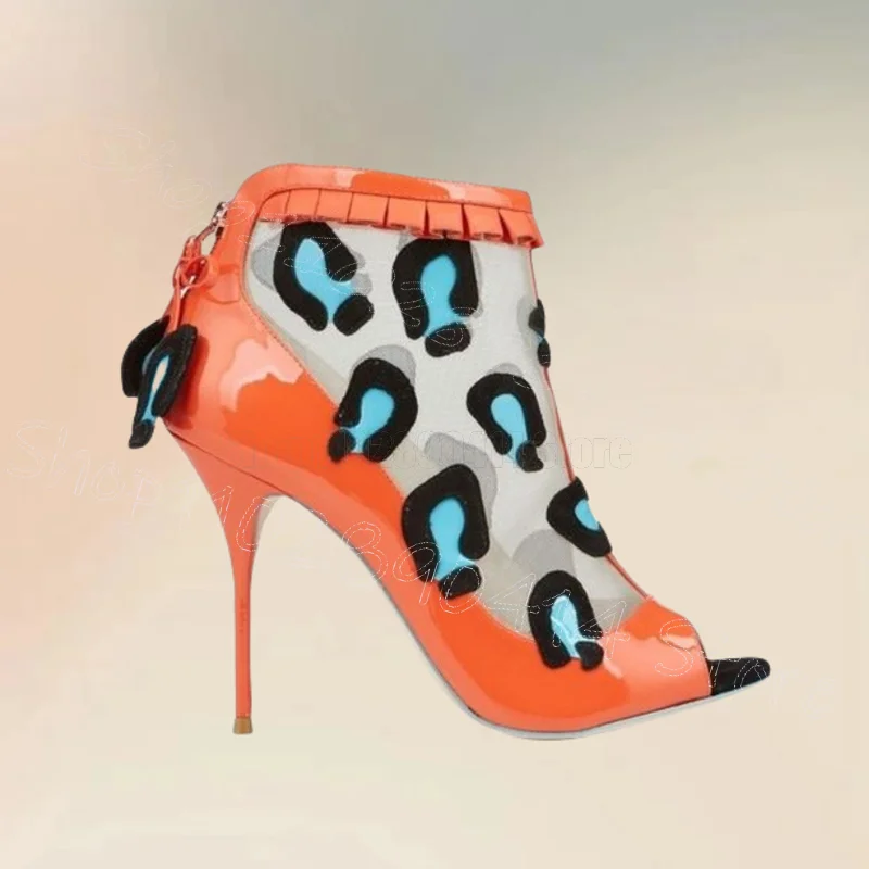 Azul graffiti impressão pvc apontou toe tornozelo botas de volta zíper sapatos femininos finos salto alto moda festa 2025 zapatos para mujere