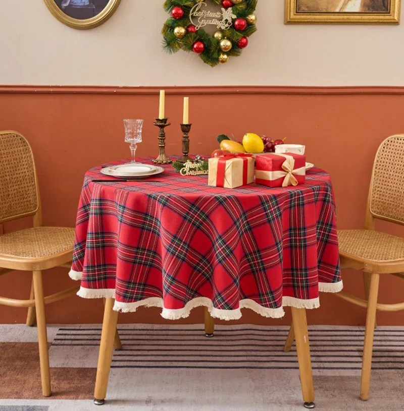 Christmas Round Tablecloth Xmas Party Red Green Table Cloth Vintage Dining Table Cover for Christmas Party Indoor Outdoor Decor