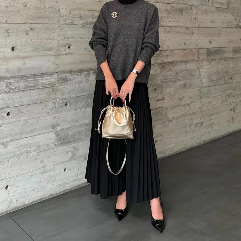 

Round Neck Sweater And Pleat Skirt Winter Women Set Gray Knitting Pullover Top + Long Skirt Casual Autumn Female Outfits